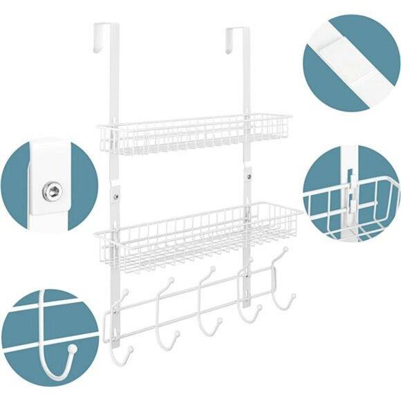 Over The Door Hanging Organizer Rack with Baskets Hooks Metal Storage White - Picture 3 of 7